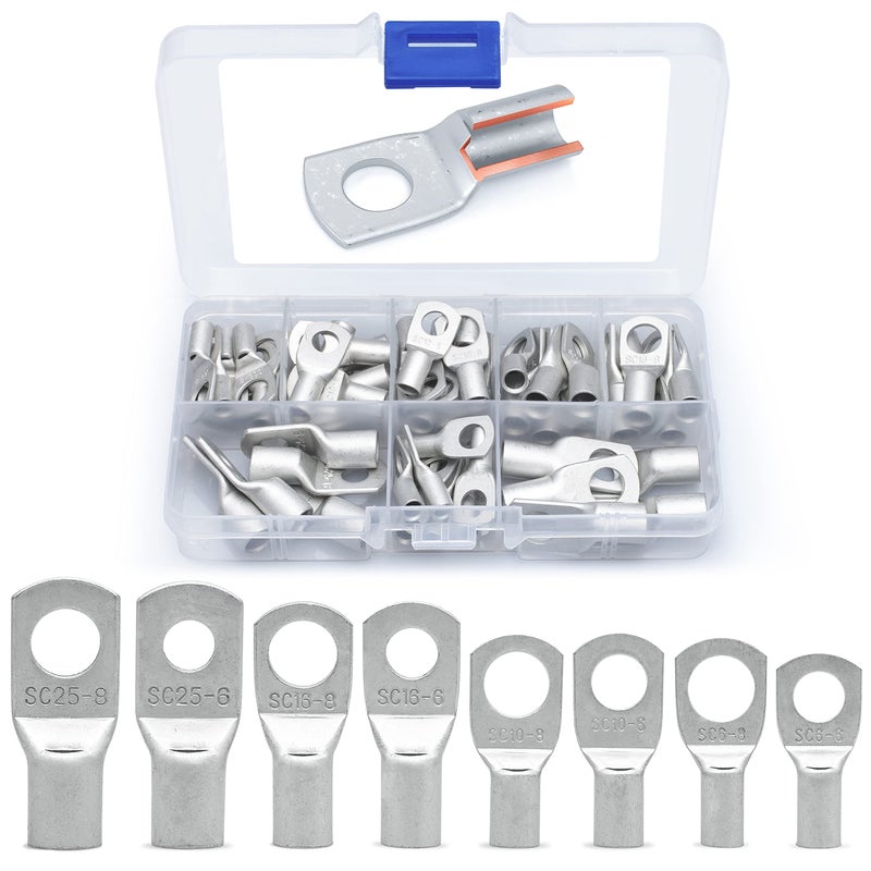 Wirefy 60 PCS Tinned Copper Wire Lugs Kit - Battery Lugs - Crimp Battery Cable Ends - Ring Terminals - 10-4 Gauge - Image 1